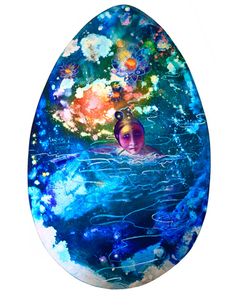 Water Goddess mermaid like swims in Dreaming Cosmic Elemental Eclectic water.Immersion for Healing and Cleansing Inspirational Musical Deep Ecology.Connections are merged as one within Her.Surrounded by Light.Along with  the use of mediums.Scintillating  coloured inks and vibrant pastels.