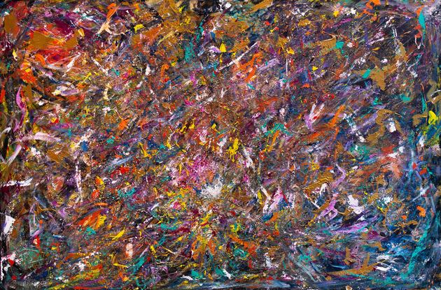 A vibrant, expressive work showing multiple overlapping fields of colour in a chaotic, non-figurative scene.