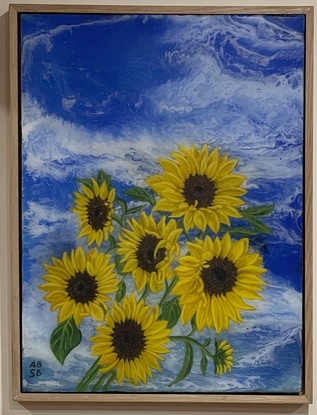 Sunflowers on a sky blue background in a floating Tassie oak frame.