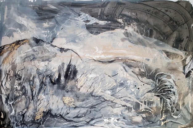 A large abstract painting showing  landscape in shades of cream, brown, black and dark blue.