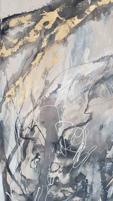 A large abstract painting showing  landscape in shades of cream, brown, black and dark blue.