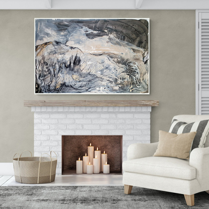 A large abstract painting showing  landscape in shades of cream, brown, black and dark blue.