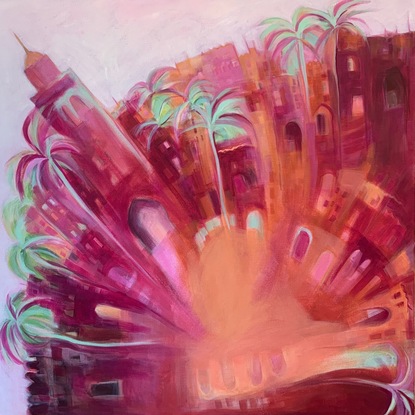 Brown, maroon and pink abstract painting of Marrakesh in Morocco.