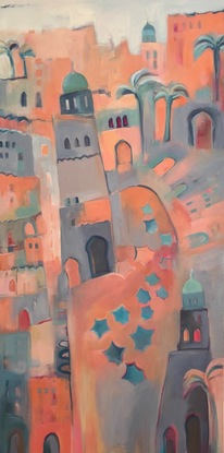 Abstract painting with soft colours of cream, pink, gold and teal inspired by Marrakesh markets in Morocco.