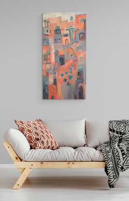 Abstract painting with soft colours of cream, pink, gold and teal inspired by Marrakesh markets in Morocco.