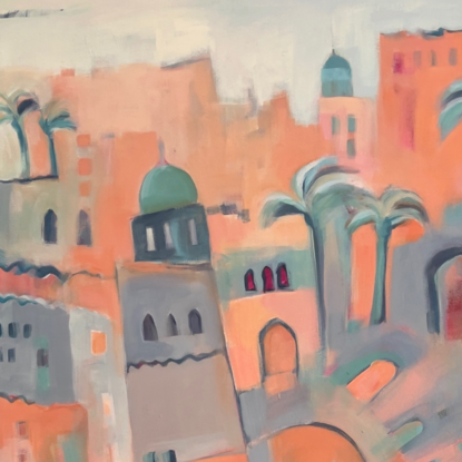 Abstract painting with soft colours of cream, pink, gold and teal inspired by Marrakesh markets in Morocco.