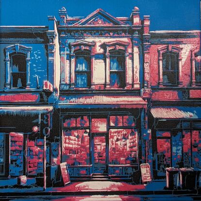 A blue and neon stencil art painting depicting a Melbourne City shopfront at night.