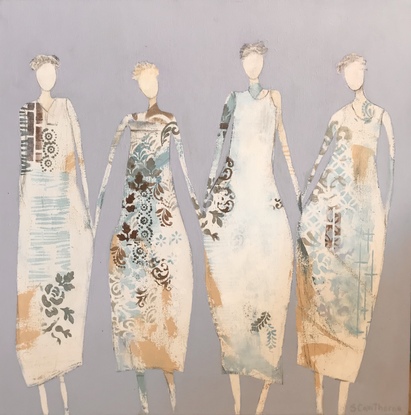 Four ladies standing in a row wearing simplified patterned dresses.  The ladies bodies are simplified in  style and  without facial  details. The dresses are different from one another and the colours are light warm blue, beige and white  on a lilac background.