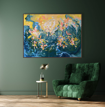 Bright Abstracted Floral painting on an abstracted moody blue  background