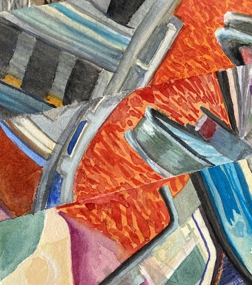 A distorted view of an escalator painted in abstract style using intensely coloured watercolours.