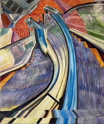 A distorted view of an escalator painted in abstract style using intensely coloured watercolours.