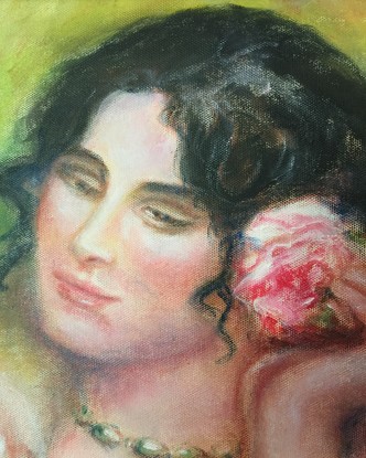 A semi naked woman holds two roses.