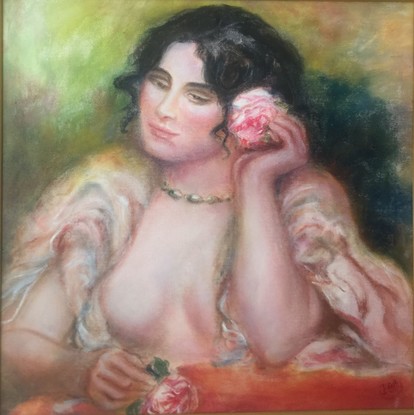 A semi naked woman holds two roses.