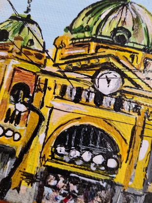 Small painting of Flinders Street Station in Melbourne