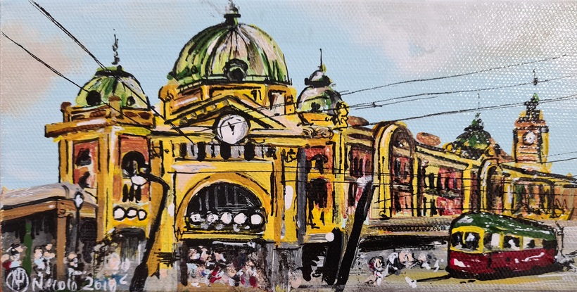 Small painting of Flinders Street Station in Melbourne