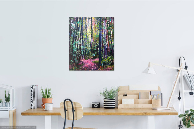 Forest landscape with tall trees, and two people walking.  Colours of green, pink, purple and yellow.