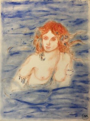 A naked young woman with flowers in her hair surrounded by water. 