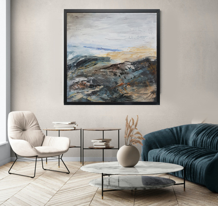 A large abstract landscape of the Victorian Alpine region in mixed media.