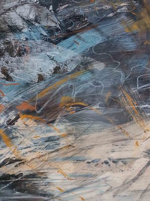 A large abstract landscape of the Victorian Alpine region in mixed media.