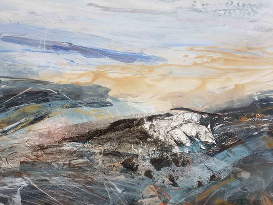 A large abstract landscape of the Victorian Alpine region in mixed media.