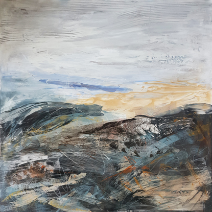 A large abstract landscape of the Victorian Alpine region in mixed media.