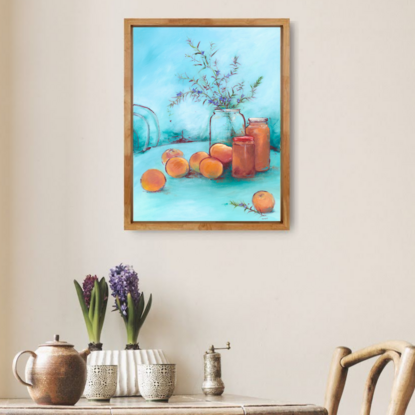 Modern simple style still life of apricots with rosemary sprigs, jam jars on outdoor table with turquoise blue sky.