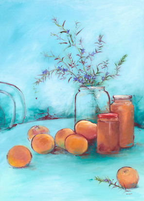 Modern simple style still life of apricots with rosemary sprigs, jam jars on outdoor table with turquoise blue sky.