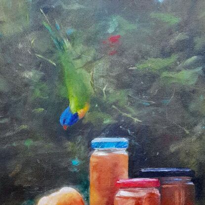 Chiascuro still life with modern Australian twist, featuring apricots with jam jars and rainbow lorikeets on turquoise shelf with dark olive green foliage. 