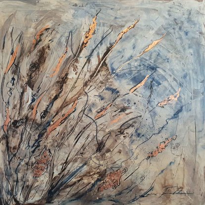 a large abstract of grass and flowers featuring a banksia pod in dark blue, brown, cream and white with rose gold leaf.