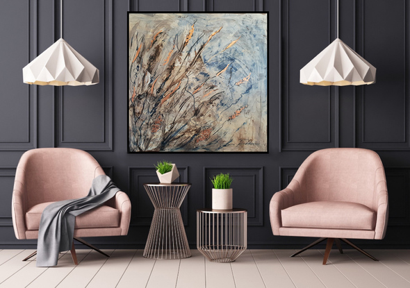 a large abstract of grass and flowers featuring a banksia pod in dark blue, brown, cream and white with rose gold leaf.