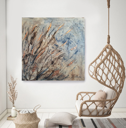 a large abstract of grass and flowers featuring a banksia pod in dark blue, brown, cream and white with rose gold leaf.