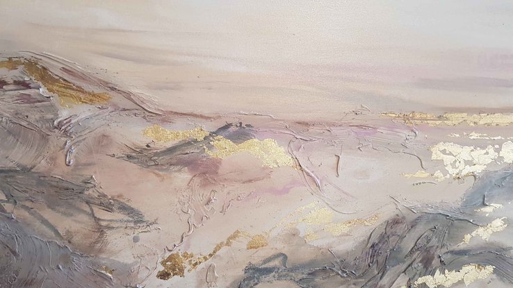 A large abstract painting of the Australian outback in pinks, cerise, blush, gold, brown,  magenta,  and cream.