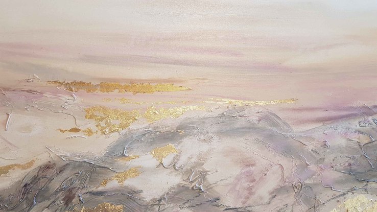 A large abstract painting of the Australian outback in pinks, cerise, blush, gold, brown,  magenta,  and cream.