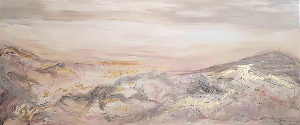 A large abstract painting of the Australian outback in pinks, cerise, blush, gold, brown,  magenta,  and cream.