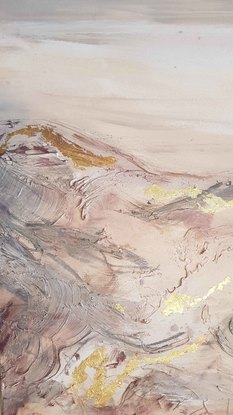 A large abstract painting of the Australian outback in pinks, cerise, blush, gold, brown,  magenta,  and cream.