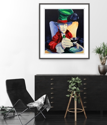 colourful mad hatter with a cup and saucer and a raven