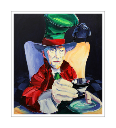 colourful mad hatter with a cup and saucer and a raven