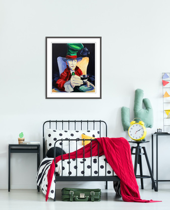 colourful mad hatter with a cup and saucer and a raven