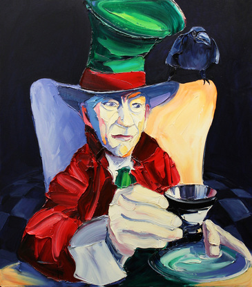 colourful mad hatter with a cup and saucer and a raven