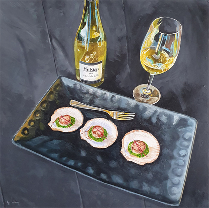 Mr Rigg Chardonnay with pan seared scallops.  Wine and food culture painted in loose realism by Rob Kennedy