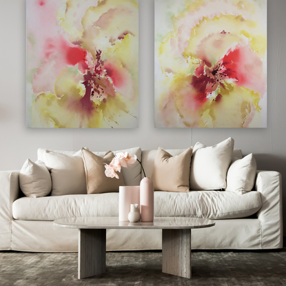 Large  Abstract expressive vertical statement with colours of the sun and sunshine. Diptych 