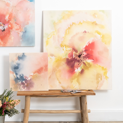 Large  Abstract expressive vertical statement with colours of the sun and sunshine. Diptych 