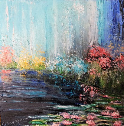 Dark blue creek with pink water lilies on it and surrounded by blue, red, turquoise and yellow wildflowers. The background resembles water falling, in turquoise colour on the left side of the painting and turning into dark blue to the right. Flower reflections on the water. Texture. 
