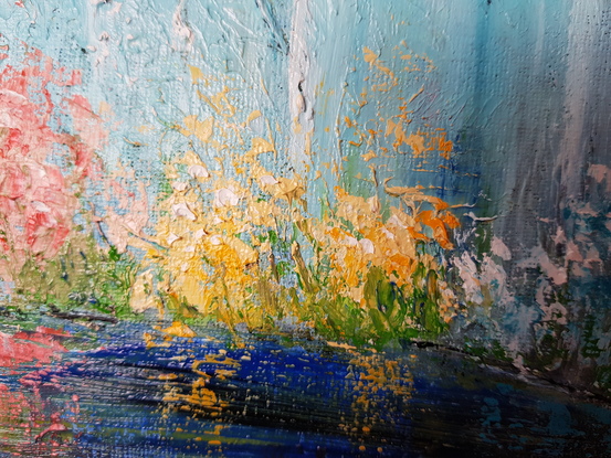 Dark blue creek with pink water lilies on it and surrounded by blue, red, turquoise and yellow wildflowers. The background resembles water falling, in turquoise colour on the left side of the painting and turning into dark blue to the right. Flower reflections on the water. Texture. 
