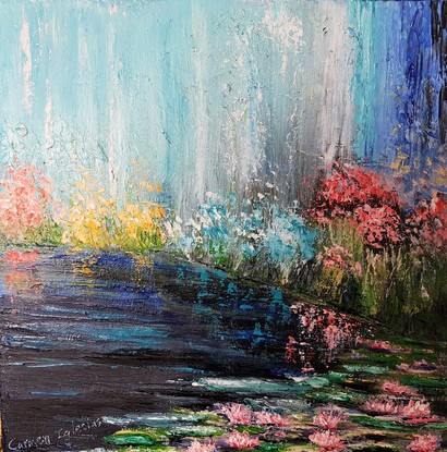 Dark blue creek with pink water lilies on it and surrounded by blue, red, turquoise and yellow wildflowers. The background resembles water falling, in turquoise colour on the left side of the painting and turning into dark blue to the right. Flower reflections on the water. Texture. 
