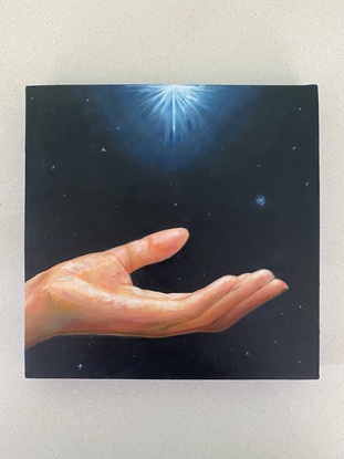 This small square painting shows a woman's hand supporting for a shiny star. It is inspired by Nyx, the goddess of night from ancient Greek mythology. The shinning star is a symbol of hope in the dark night sky.