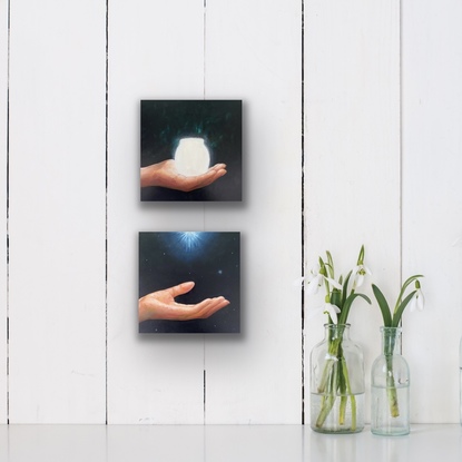 This small square painting shows a woman's hand supporting for a shiny star. It is inspired by Nyx, the goddess of night from ancient Greek mythology. The shinning star is a symbol of hope in the dark night sky.