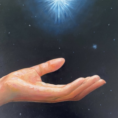 This small square painting shows a woman's hand supporting for a shiny star. It is inspired by Nyx, the goddess of night from ancient Greek mythology. The shinning star is a symbol of hope in the dark night sky.