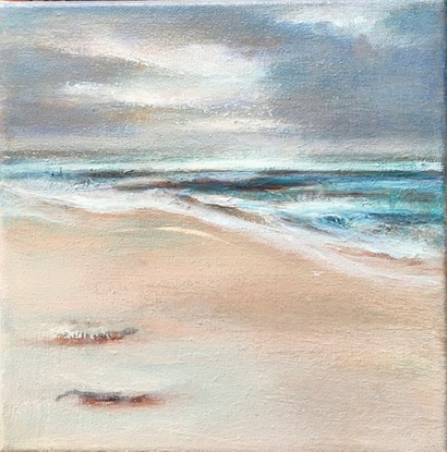 Small Coastal Study, mini in size 20x20cm, soft in tone,  Painted on Holidays.
This artwork is created with acrylic paint on canvas-- stretched and ready to frame or just hang. thin sides and would frame up nicely
Signed on Back