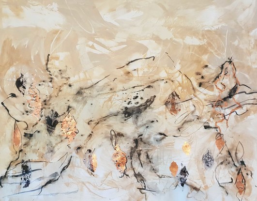 a large abstract painting of banksia trees and a mountain in earth tones of beige, cream, ohcre, brown and copper leaf.